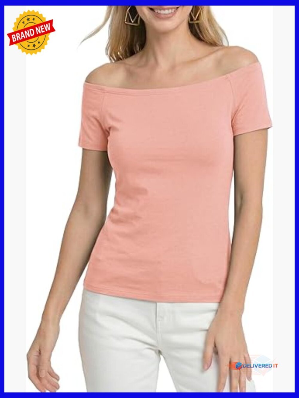 Off Shoulder Slim Fit Tee, Short Sleeve Rayon Spandex Top, Casual Elegant